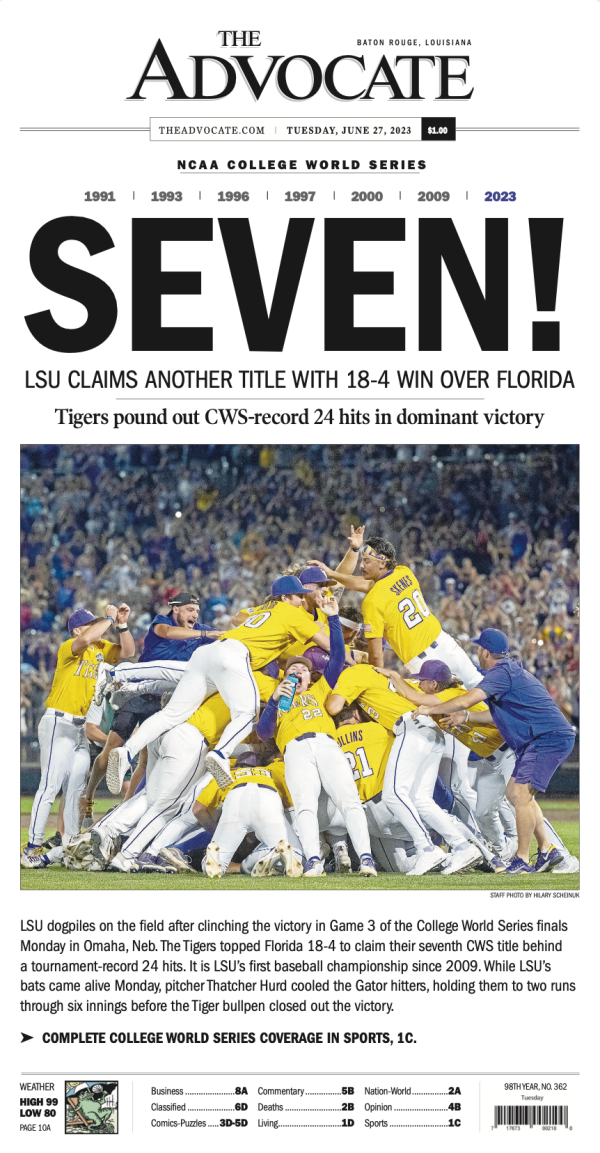 SEVEN! - Front Page Poster of The Advocate - LSU wins the College World Series For Cheap